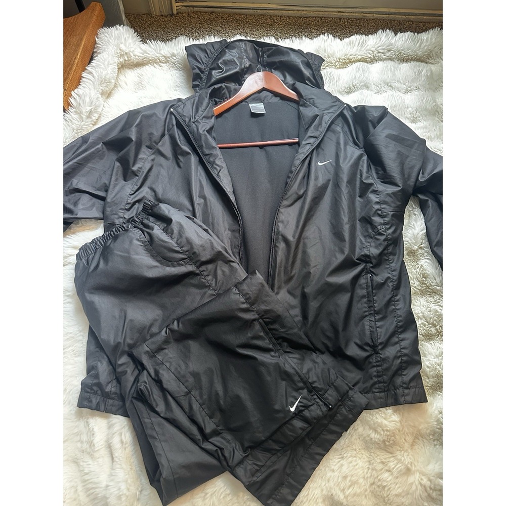 VTG NIKE track suit Windbreaker Y2K Silver Tag Women's XL Black Nylon Full Zip